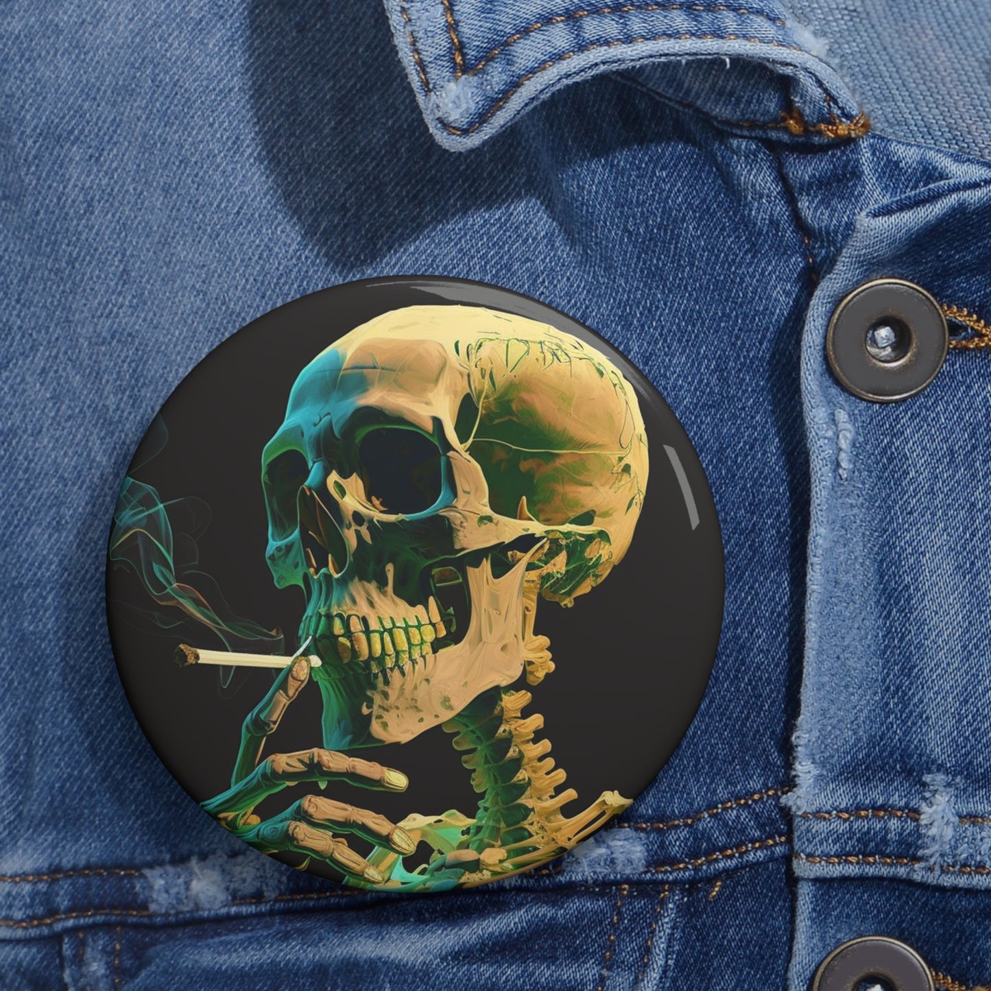 Smoking Skeleton Pin Button